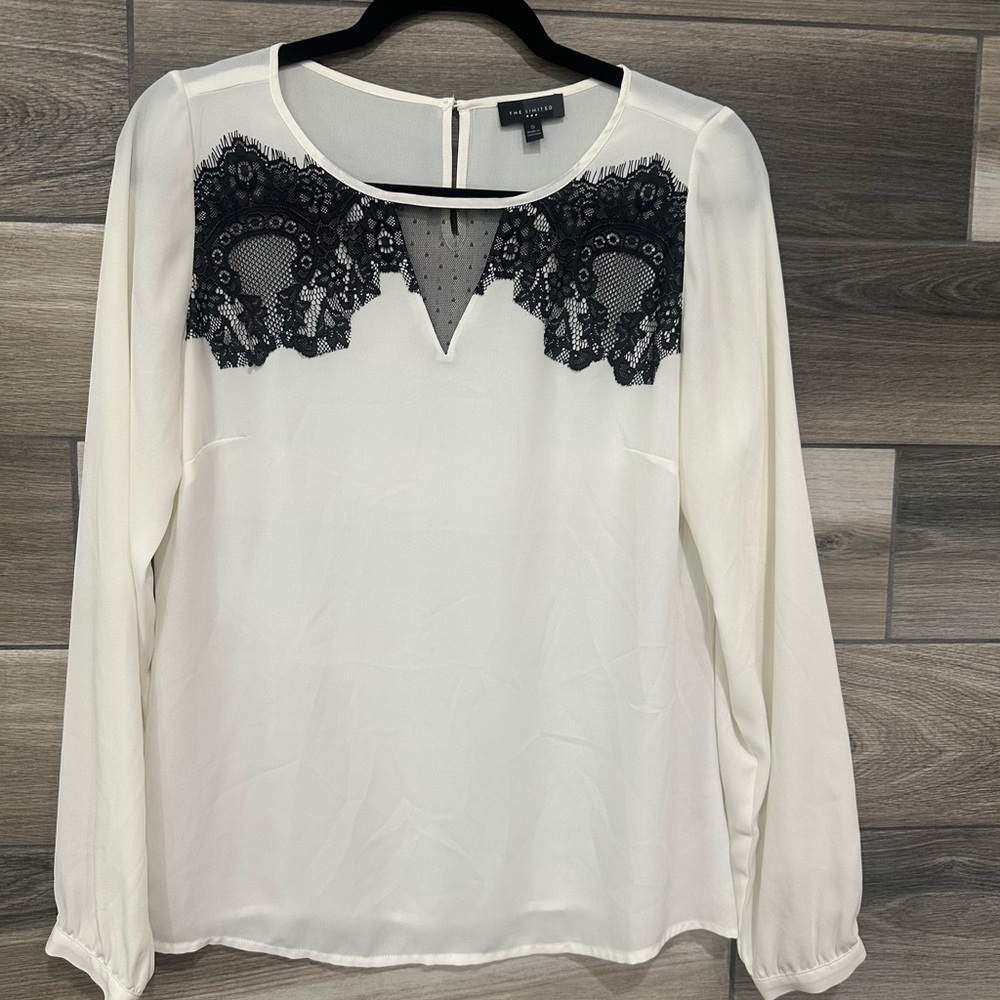 The Limited White Blouse with Black Lace Accent